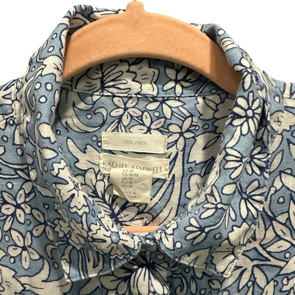 Rachel Ashwell Blue Floral Short Sleeve Button Down Boxy Linen Coastal Shirt - Picture 4 of 10